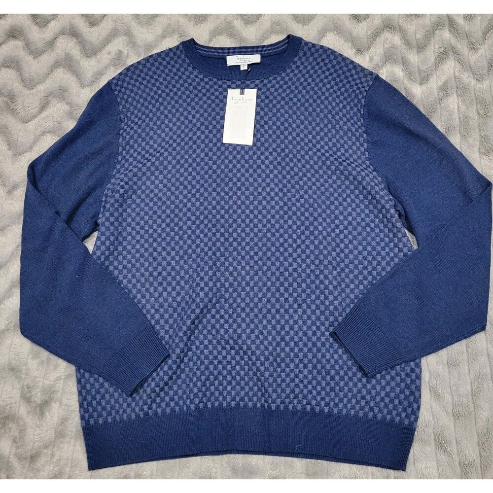 Turnbury Mens L Blue Checkered Biella Yarn 100% Extra Fine Merino Wool Sweater